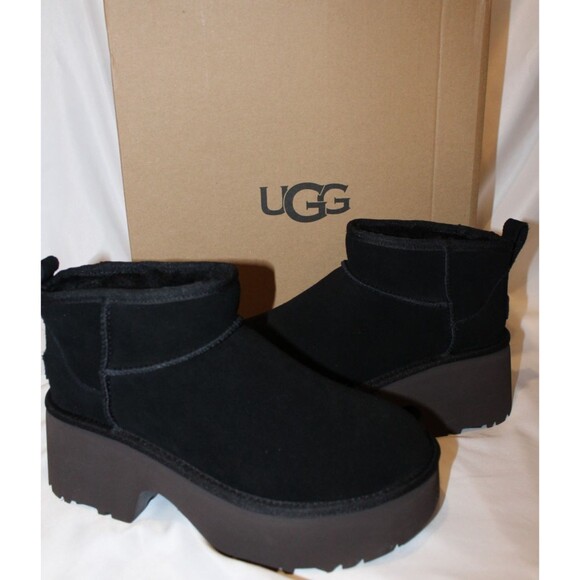UGG WOMEN NEW HEIGHTS ULTRA MINI PLATFORM SUEDE‎ SHEARLING LINED BOOTS BLACK - Picture 3 of 7